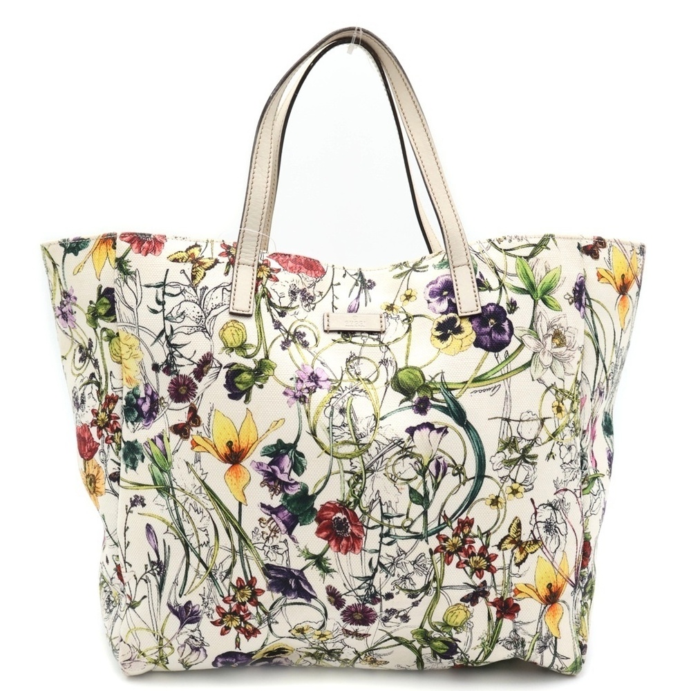 GUCCI Flora Flower Infinity Handbag Tote Bag White Canvas Leather